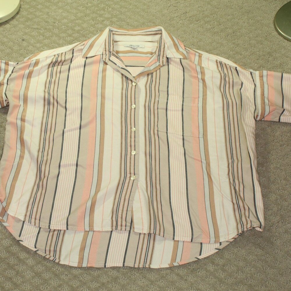 Madewell Shirt Womens Sz S Courier Short Sleeve Tan Cream Peach Rainbow Stripe